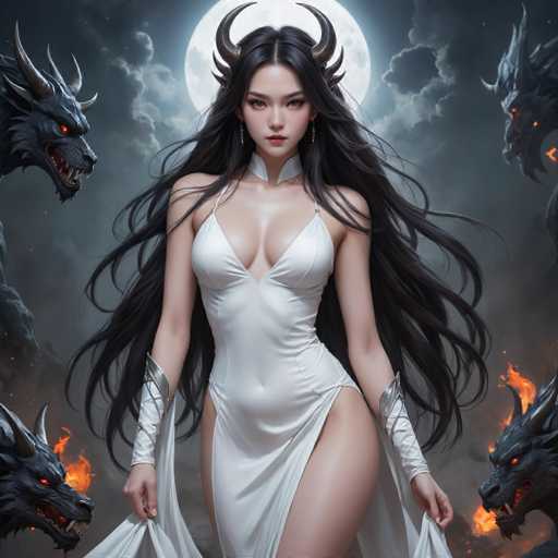 The image depicts a woman with long dark hair and red lipstick standing in front of four dragons. The dragons have fiery eyes and sharp teeth, creating an intense atmosphere around the woman.