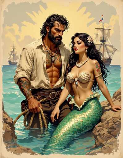 A muscular pirate and a mermaid stand close in turquoise waters, gazing at two sailing ships on the horizon. The art style is a detailed, painterly digital illustration with a vintage aesthetic, reminiscent of old-world illustrations.