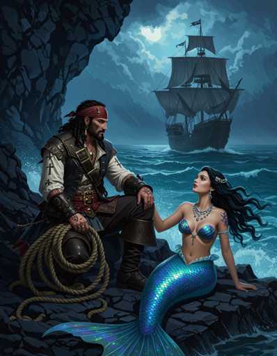 A pirate and a mermaid share a tender moment on a rocky shore, gazing at a distant ship under a stormy sky. The art style is detailed and painterly, with dramatic lighting emphasizing the characters' expressions and the turbulent sea.