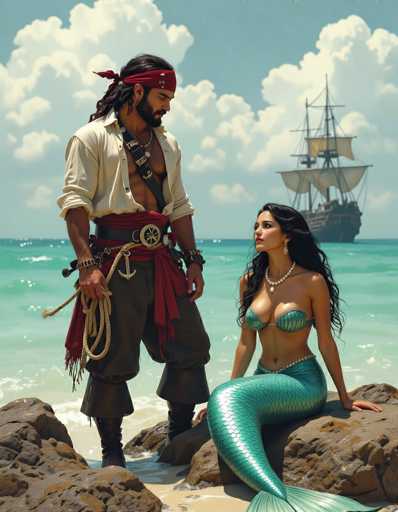 A pirate and a mermaid gaze at each other on a rocky shore, with a sailing ship in the background. The art style is a vibrant digital painting with detailed textures and dramatic lighting, evoking a romantic fantasy scene.
