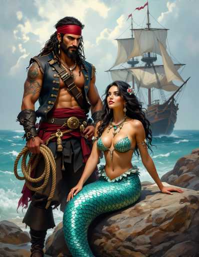 A pirate and a mermaid pose on rocks near the ocean, with a sailing ship in the background. The art style is detailed and realistic, showcasing rich textures on their clothing and the sea. They stand close together, suggesting a romantic or adventurous connection.