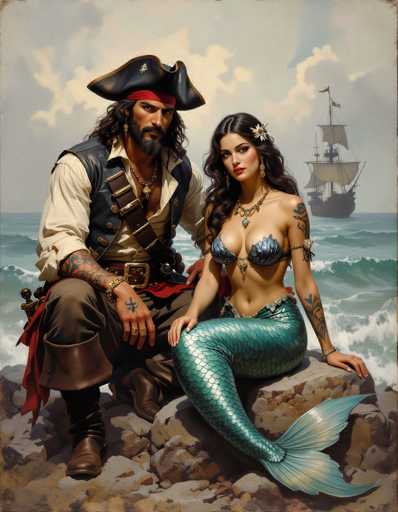 A pirate and a mermaid pose intimately on rocks by the sea, gazing at a distant ship. The art style is a detailed digital painting with realistic textures and lighting, reminiscent of historical portraiture blended with fantasy elements.