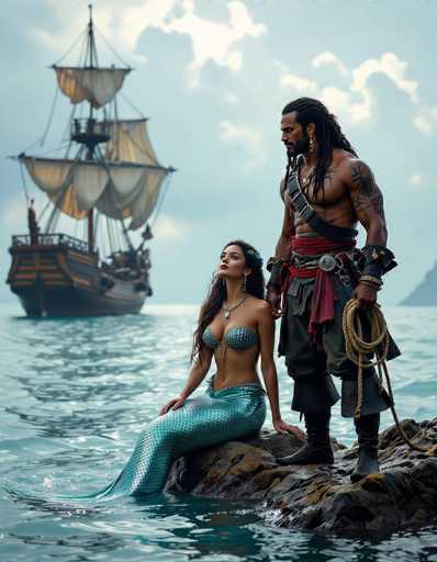A rugged pirate with anchor tattoos and a mermaid with shimmering tail stand on a rocky shore. The ship looms in the distance under dramatic lighting, creating a cinematic and romantic scene with intense gazes. The art style is highly detailed and evocative.
