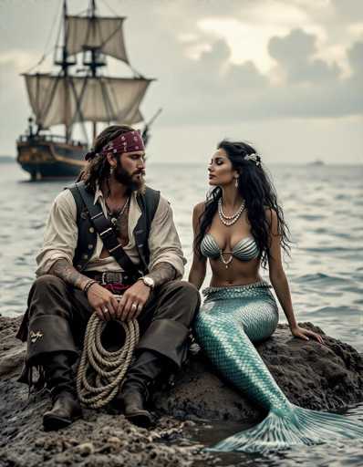 A rugged pirate and a mermaid sit on a rocky outcrop, gazing at a distant sailing ship under cloudy skies. The sepia-toned image features intricate details and cinematic lighting, emphasizing their intimate yet fantastical connection in a highly detailed composition.