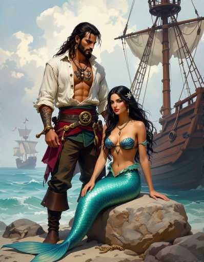 A muscular pirate stands protectively beside a beautiful mermaid on a rocky shore, with a ship sailing in the background. The art style is detailed and realistic, reminiscent of fantasy illustration.