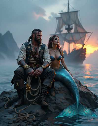 A rugged pirate with mechanical anchor tattoos sits beside a confident technomancer mermaid on a rocky island. A steam-powered ship sails in the distance, bathed in dramatic sunset light. The scene features detailed textures and a steampunk aesthetic.