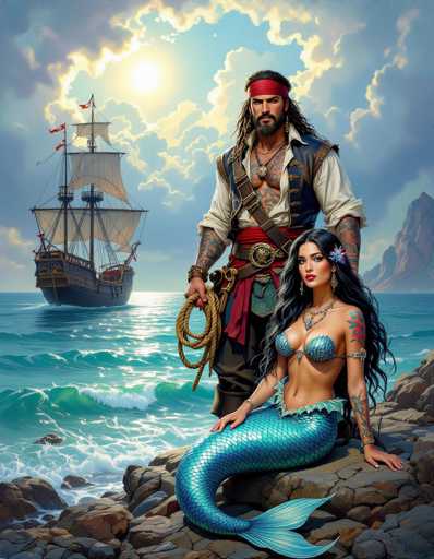 A pirate captain with a mermaid companion stands on a rocky shore, overlooking a ship sailing on the ocean under a bright sky. The art style is detailed and painterly, reminiscent of fantasy illustration with vibrant colors and intricate textures.