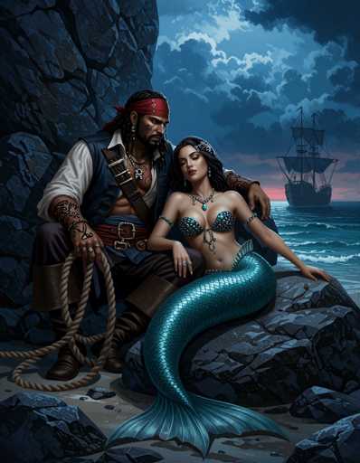 A pirate and a mermaid share a tender moment on a rocky shore as a ship sails in the distance under a stormy sky. The art style is detailed and painterly, with rich colors and dramatic lighting emphasizing the romantic connection between the two figures.