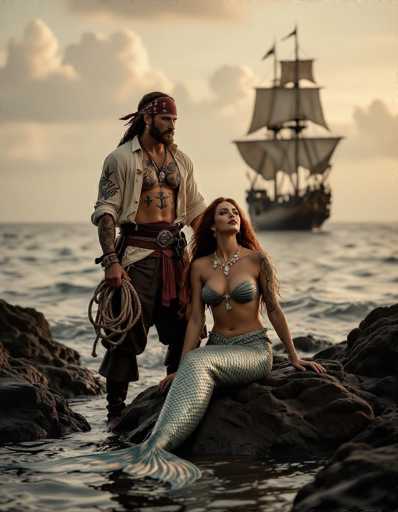 A pirate and mermaid pose on rocks near the ocean, a ship sailing in the background. The image features a romantic, slightly dramatic art style with warm lighting and detailed costumes. The pirate stands protectively while the mermaid gazes towards the ship, creating a captivating scene of fantasy and adventure.