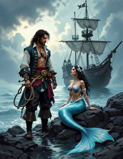 A pirate stands on rocks, gazing at a mermaid who sits nearby, with a ship looming in the background. The art style is digital painting, reminiscent of fantasy illustration, featuring detailed textures and dramatic lighting against a cloudy sky.