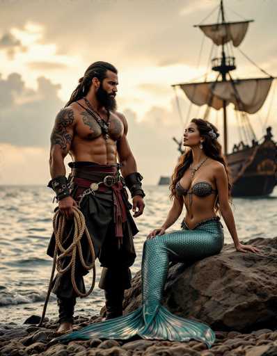 A rugged pirate with intricate tattoos and a mermaid woman in a beaded top stand on a rocky shore. The man holds a rope, gazing at the mermaid who sits gracefully, both bathed in golden hour light. A sailing ship looms in the background under a cloudy sky, creating a cinematic, hyper-realistic scene.