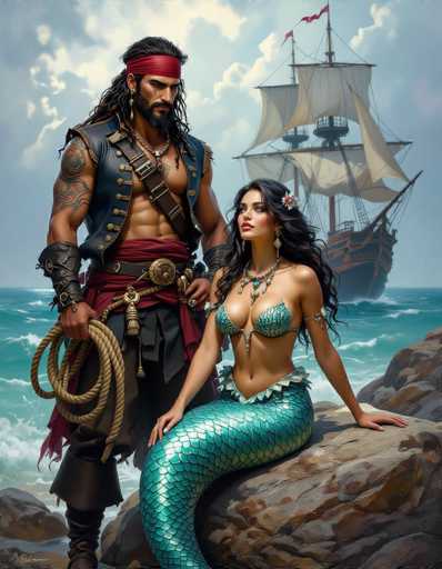 A pirate and a mermaid pose on rocks near the ocean, with a sailing ship in the background. The art style is realistic and detailed, showcasing rich textures on their clothing and the sea. They stand close together, suggesting a romantic or adventurous connection.