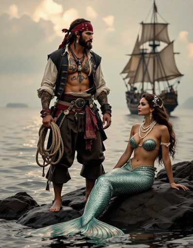 A rugged pirate with tattoos and a mermaid pose on dark rocks by the sea. The pirate gazes towards a sailing ship in the distance, while the mermaid exudes elegance with pearl jewelry. The scene is rendered in soft sepia tones, evoking classic cinema and fantasy art.