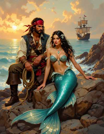 A pirate and mermaid pose on a rocky shore at sunset, gazing towards a distant ship. The art style is realistic and painterly, with warm lighting highlighting the couple's romantic connection against a dramatic ocean backdrop.