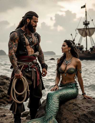 Captured in cinematic, high-dynamic-range photography, a rugged pirate with extensive arm tattoos stands beside a graceful mermaid. They are positioned on a rocky shore near the sea, with a galleon visible in the distance under cloudy skies. The sepia filter enhances the coastal scene, highlighting their dramatic presence.