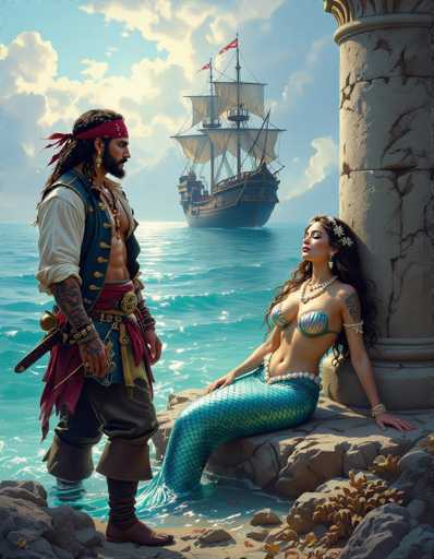 A pirate and a mermaid gaze at each other on a rocky shore, with a ship sailing in the distance. The art style is a vibrant digital painting with detailed textures and dramatic lighting, evoking a romantic fantasy scene.