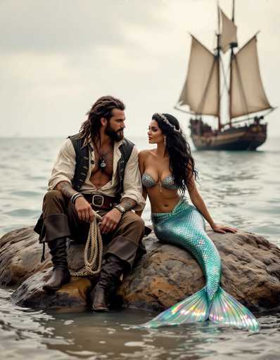 A man and mermaid sit on a rocky shore, gazing at a sailing ship in the distance. The image features a romantic, fantasy art style with detailed costumes and dramatic lighting, emphasizing their connection against the backdrop of the sea.