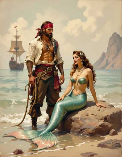A pirate and a mermaid stand on a rocky beach, gazing at a ship in the distance. The art style is a detailed, painterly digital illustration with a slightly vintage feel, reminiscent of historical artwork. The pirate is muscular and adorned with tattoos, while the mermaid has flowing hair and a shimmering tail.