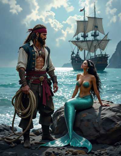 A pirate with a red bandana and tattooed arms gazes at a mermaid on a rocky shore. A sailing ship is visible in the background, suggesting a fantastical encounter. The art style is detailed and painterly, with dramatic lighting and vibrant colors.