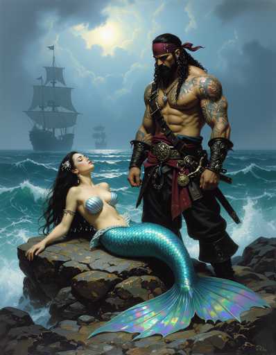 A muscular pirate with a tattooed beard and elaborate gear stands protectively over a beautiful mermaid on a rocky shore. A ship sails in the distance under a cloudy sky, rendered in a detailed, painterly fantasy art style.