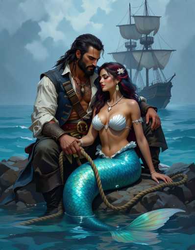 A romantic scene depicts a pirate and mermaid embracing on a rocky shore, gazing at a ship in the distance. The art style is detailed and painterly, with rich colors and dramatic lighting, creating a fantasy-inspired illustration.