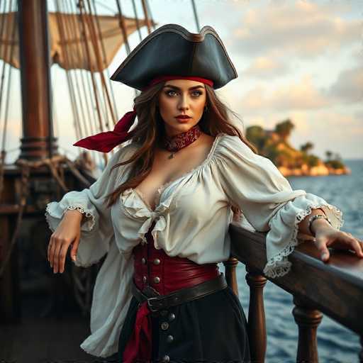 A captivating photograph of a woman dressed in an elaborate pirate costume, standing on the deck of a wooden ship. The image is square in shape, with the woman positioned centrally, gazing directly at the camera. She wears a black pirate hat adorned with a red bandana tied around her forehead, and her long brown hair cascades down her shoulders. Her attire includes a low-cut white blouse with puffy sleeves, a red leather corset, and a black skirt. A red scarf is tied around her waist, adding to the vibrant ensemble. She accessorizes with a red and white scarf around her neck, a necklace, and bracelets on both wrists. The wooden ship's deck features a railing, and in the background, a serene blue ocean stretches out, with a small island visible in the distance. The sky above is a light blue, dotted with fluffy white clouds, completing the picturesque scene.