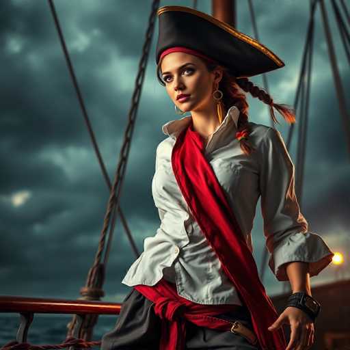 A captivating image of a young woman dressed as a pirate, standing on the deck of a ship. She is adorned in a black pirate hat with a gold trim, and her long brown hair is styled in a braid. A red bandana is tied around her forehead, complementing the red sash that drapes from her shoulder to her waist. She wears a white button-up shirt with the sleeves rolled up to her elbows, paired with black pants. A black watch or bracelet adorns her wrist, and she sports large hoop earrings. The background features a cloudy sky with a hint of sunlight peeking through, and a yellow light is visible in the distance. The ship's deck is made of brown wood, and the railing is visible behind her. She gazes off to the left, exuding a sense of adventure and mystery.