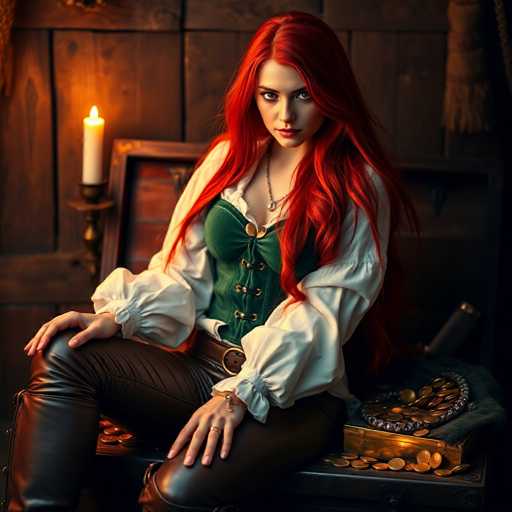 A woman with red hair is seated on a wooden bench, wearing a green and white outfit that includes a corset and a ruffled collar. She has her hands resting on the seat of the bench. In front of her are two chests filled with gold coins and a candle.