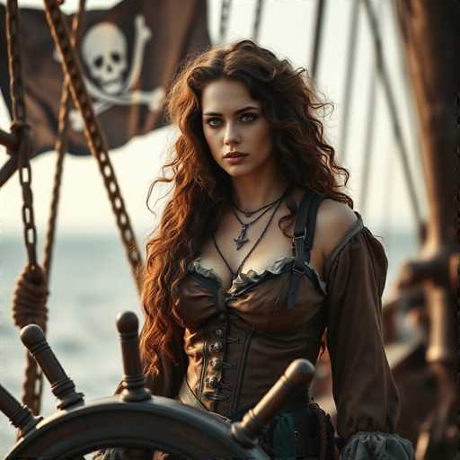 A woman with long brown hair is standing on a ship's deck, wearing a corset and a necklace with a skull pendant. She is looking directly at the camera while holding a steering wheel in her hand. The background features a large pirate flag fluttering in the wind against an overcast sky.