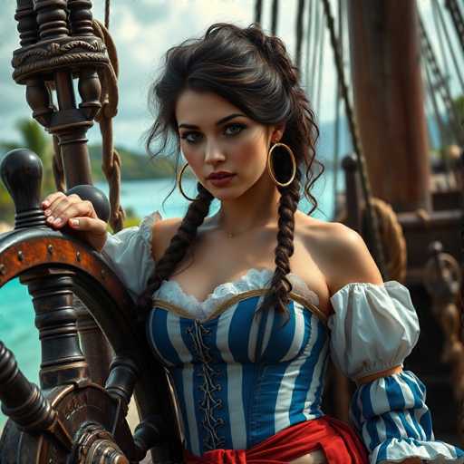 A captivating photograph features a young woman, likely in her early 20s, standing confidently at the helm of a ship. She has long, dark brown hair styled into two elegant braids that cascade over her shoulders. Her striking blue eyes and full lips are accentuated by her natural beauty, enhanced with subtle makeup. She wears large, gold hoop earrings that add a touch of glamour to her ensemble.

Her attire is reminiscent of a pirate's, yet with a modern twist. She dons a corset-like top adorned with blue and white stripes, featuring a lacing up the front. The top is complemented by puffy sleeves in white and blue, adding a whimsical touch to her look. A red sash is tied around her waist, completing her pirate-inspired outfit.

The woman stands poised, gazing directly at the camera, exuding a sense of strength and determination. Behind her, the ship's wooden mast and intricate rigging are visible, along with the vast expanse of water stretching out to the horizon. In the distance, a lush green island adds depth to the serene backdrop. The sky above is a brilliant blue, dotted with fluffy white clouds, creating a picturesque and timeless scene.