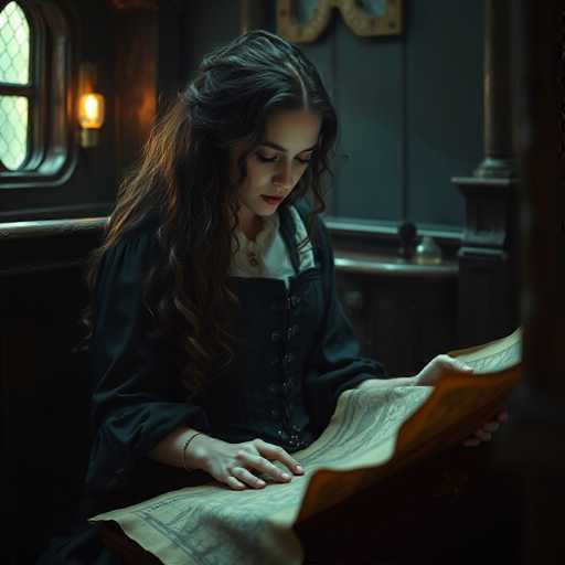 A young woman, dressed in a Victorian-style outfit, sits in a dimly lit room, engrossed in a large, open book. Her long, dark hair cascades over her shoulders, and she wears a black dress with a white shirt underneath, adorned with a gold brooch at the neckline. The room, reminiscent of a church or old house, features dark wooden paneling, a window with a light fixture, and a shelf with a bottle. The woman's hands, which appear slightly distorted with extra fingers, hold the book open, revealing a page with a black and white drawing. She gazes intently at the illustration, her expression focused and contemplative.