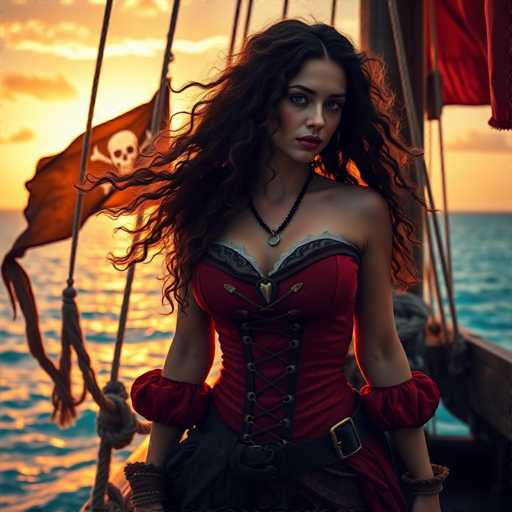 A woman with long dark hair is standing on a boat at sunset. She is wearing a red dress and a black belt corset, which gives her an elegant appearance. The boat has a skull and crossbones flag hanging from the mast, adding to the pirate theme of the image.