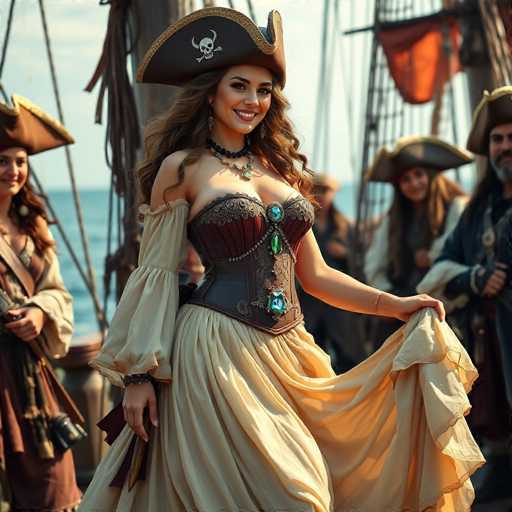 A woman wearing a pirate hat and a corset with blue jewels is the main focus of the image. She has long brown hair that falls over her shoulders as she stands on a ship deck. The ship in the background features red sails and white masts against a clear sky, suggesting it's sailing across the ocean.