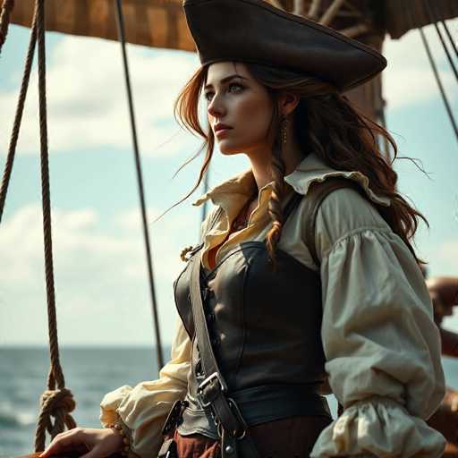 A captivating photograph features a young woman dressed in a detailed pirate costume, standing on the deck of a ship. The image captures her from the waist up, showcasing her attire and surroundings with striking clarity. She wears a traditional pirate hat, its brim casting a shadow over her face, which is turned slightly to the left, revealing her expressive eyes and long, flowing brown hair. Her outfit includes a white, puffy-sleeved shirt, layered with a brown leather vest that buttons down the front. A brown belt with a silver buckle cinches her waist, and a strap from her vest crosses diagonally over her chest. Her right hand rests on a wooden railing, adorned with a bracelet, while her left arm hangs naturally by her side. The background is a serene blue sky dotted with white clouds, and the ocean stretches out behind her, adding to the adventurous atmosphere. The photograph's composition and the woman's poised stance create a vivid portrayal of pirate life, blending historical authenticity with modern-day charm.