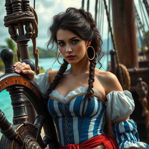 A woman with long brown hair and a red headband is standing next to a wooden ship's wheel. She is wearing a blue and white striped dress that matches the color of the ship's sails. The background shows a serene beach scene with palm trees under a clear sky, suggesting a tropical location.