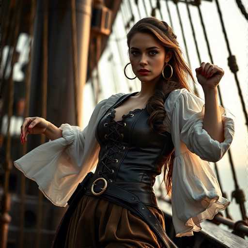 A captivating photograph features a young woman, likely in her early 20s, with long brown hair cascading over her left shoulder. She is adorned in a striking black corset, intricately laced up the front, paired with a brown skirt that adds a touch of vintage charm. Her ensemble is complemented by a white blouse with puffy sleeves that extend to her elbows, adding a delicate contrast to her bold corset. Large hoop earrings dangle elegantly from her ears, framing her face. Her makeup is meticulously applied, with vibrant red lipstick that stands out against her fair complexion. She gazes directly into the camera with a serious expression, exuding confidence and poise. The background suggests she is on a ship, as evidenced by the visible ropes and the wooden railing behind her. The overall composition of the image is both dramatic and enchanting, capturing a moment of timeless beauty.