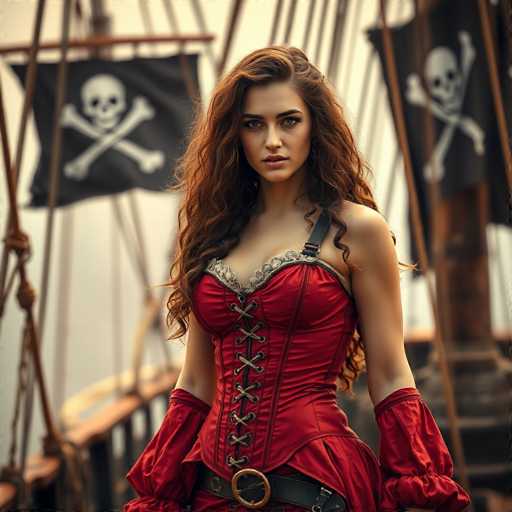 A striking photograph captures a young woman, likely in her early 20s, embodying the essence of a pirate. She stands confidently on the deck of a wooden pirate ship, her long, wavy brown hair cascading over her shoulders. Her attire is a vibrant red corset, laced up the front with black buttons, and adorned with a delicate white lace trim at the top. The corset is complemented by a black leather belt with a prominent gold buckle, cinched around her waist. Her sleeves are puffy and red, adding to her pirate ensemble. She gazes directly into the camera with a serious expression, her lips slightly parted. Behind her, the ship's mast is visible, adorned with two black flags featuring white skull and crossbones, enhancing the pirate theme. The background is slightly blurred, drawing focus to her detailed and vivid portrayal.