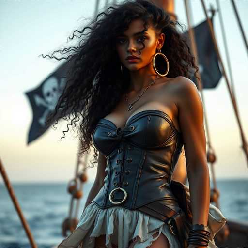 A striking photograph captures a young woman with long, wavy black hair cascading over her right shoulder. She is adorned in a black leather corset, intricately laced up the front, and paired with a frilly white skirt that adds a touch of elegance to her pirate-inspired ensemble. A black leather belt with a gold buckle cinches her waist, complementing her look. She accessorizes with large gold hoop earrings and a delicate silver chain necklace that drapes over her chest. Her lips are painted a bold red, and she gazes directly at the camera with a serious expression. The background reveals a pirate ship, its black flag emblazoned with a skull and crossbones fluttering in the wind. The ship's brown masts and ropes are visible, along with a glimpse of the ocean and a light blue sky, adding to the dramatic and adventurous atmosphere of the scene.