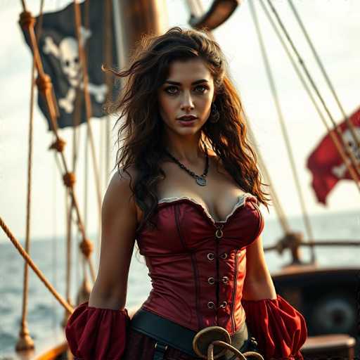 A striking photograph captures a woman standing on the deck of a pirate ship, exuding an air of confidence and allure. She is dressed in a form-fitting, red corset that accentuates her figure, paired with a black belt adorned with a rope. Her long, dark brown hair cascades down, framing her face, which is highlighted by her dark eyes and full lips. Around her neck, she wears a black necklace featuring a silver pendant. The background reveals the ship's intricate details, including a black flag with a skull and crossbones fluttering in the wind. The scene is set against a backdrop of endless blue ocean, with the sky above painted in hues of white and blue. The woman gazes directly at the camera, her expression a mix of allure and determination, embodying the essence of a pirate princess.