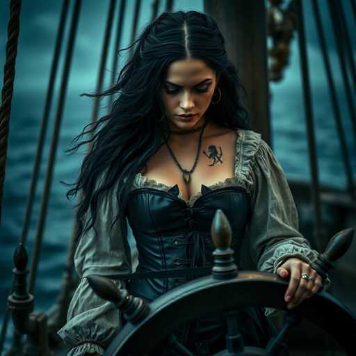A captivating image portrays a woman with long, flowing black hair, dressed in a striking black leather corset. Her attire is complemented by a light gray shirt underneath, adding a subtle contrast to her ensemble. The woman's left arm is adorned with a distinctive tattoo of a lion, adding an element of intrigue to her appearance. She gazes downward, her eyes partially obscured by her long eyelashes, and her lips are painted a bold red. Around her neck, she wears a black necklace, which features a pendant that dangles between her breasts. Her right hand rests on a ship's wheel, suggesting a sense of command and adventure. The background is a deep, dark blue, evoking the vastness of the ocean, with the wheel's ropes extending upwards, hinting at the ship's journey through the seas.