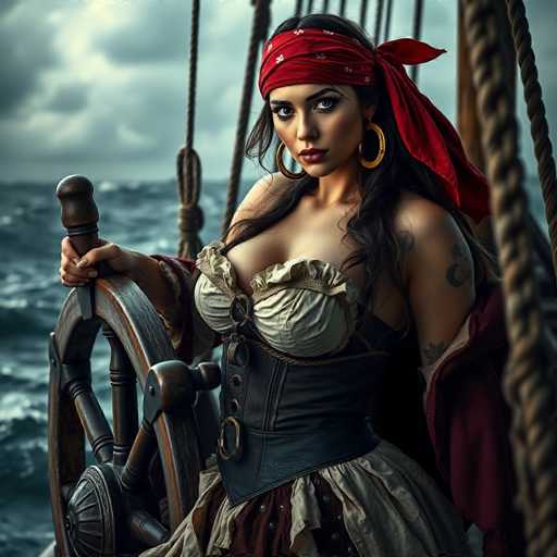 A captivating image of a woman dressed in a vintage pirate outfit, evoking the essence of a bygone era. She stands confidently behind a large, ornate wooden ship's wheel, her right hand resting on its top. Her attire features a striking combination of a white bustier with a black corset over it, paired with a voluminous skirt that flares out dramatically. A red jacket drapes elegantly over her left shoulder, adding a pop of color to her ensemble. Her long, dark hair cascades down her back, partially concealed by a red bandana tied around her head. She gazes directly at the camera with a serious expression, her lips painted a bold red. Large gold hoop earrings dangle from her ears, and tattoos adorn her left arm, adding to her mysterious allure. The background reveals a stormy sea under a dark, cloudy sky, enhancing the dramatic and adventurous atmosphere of the scene.