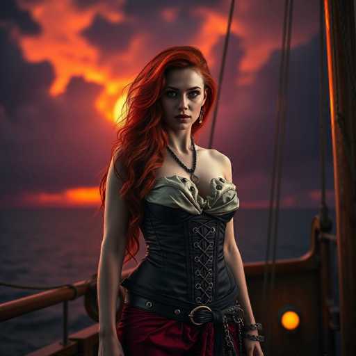 A captivating image features a woman with striking red hair cascading down to her waist. She is adorned in a black corset with a white top, complemented by a black belt with a prominent gold buckle. Her ensemble is completed with a red skirt, and she accessorizes with a black necklace that has a gold pendant. The woman's face is framed by dark eyebrows and red lips, and she gazes directly at the camera. She stands on a boat, with the wooden railing and a rope visible to her right. The background showcases a serene body of water under a sky painted with the hues of a setting sun, casting a warm glow over the scene.