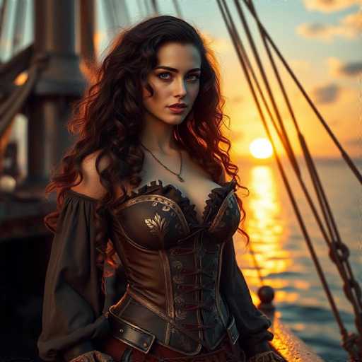 This image depicts a strikingly beautiful woman with long, dark brown hair cascading down her back. She is adorned in a corset-style top that features intricate gold leaf designs and lacing, complemented by a leather belt with a buckle. Her off-the-shoulder sleeves add an elegant touch to her attire. The woman's face is framed by thick eyebrows and full lips, and she wears a delicate necklace with a small pendant. She gazes directly at the camera with a serious expression.

The background is a serene sunset over a body of water, with the sun appearing as a bright yellow orb. The sky is a blend of blue and orange hues, with scattered clouds. To the left of the woman, there is a large, indistinct structure that resembles a building or possibly a ship, with visible ropes extending from it. The overall scene is both captivating and mysterious, drawing attention to the woman's enigmatic presence against the tranquil, picturesque backdrop.