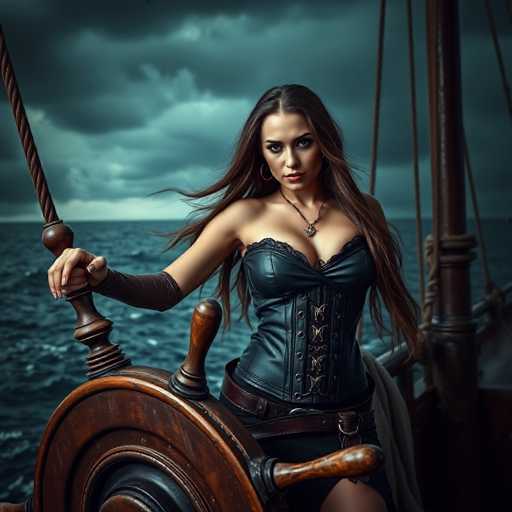 A woman with long brown hair is standing on a wooden ship's wheel, wearing a black corset and necklace. She has her left hand resting on the wheel while her right hand is placed on her hip. The background shows an ocean under a cloudy sky.