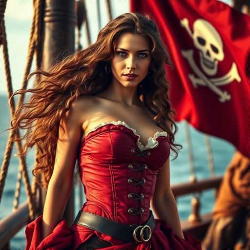A captivating photograph features a woman with long, wavy brown hair cascading down to her waist. She is adorned in a striking red corset, accentuated by a black belt with a gold buckle. The corset is detailed with black lacing and white frills at the top, adding a touch of elegance. Her blue eyes and pink lips stand out against her fair complexion. She is positioned on a ship, with the background revealing a red flag emblazoned with a white skull and crossbones. The scene is set against a backdrop of blue water and a clear sky, with wooden ship railings and ropes visible, enhancing the maritime atmosphere.