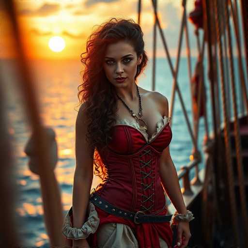 A captivating photograph features a woman standing on the deck of a ship, set against the backdrop of a serene sunset over the ocean. The sky is painted in warm hues of orange and yellow, with the sun positioned just above the horizon. The woman, who has long, wavy brown hair cascading over her right shoulder, is dressed in a striking red corset adorned with black lacing and white frills at the top. Her outfit is complemented by a black belt with gold studs and a black necklace. She gazes directly at the camera with a serious expression, her lips painted a bold red. The ship's deck is visible to her right, with a railing and a rope ladder hanging nearby. The water below reflects the golden light of the setting sun, adding to the tranquil yet dramatic atmosphere of the scene.