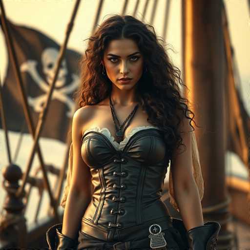 This image portrays a strikingly realistic AI-generated depiction of a woman with long, wavy, dark brown hair cascading over her left shoulder. She is dressed in a black leather corset with white frills peeking out from underneath, and the corset is laced up the front with black buttons. Her outfit is complemented by black leather gloves that extend up to her elbows. Around her neck, she wears a black leather necklace adorned with a silver pendant. The woman's face is framed by dark eyebrows and she gazes directly at the viewer with a serious expression. The background is blurred, but it suggests she is on a ship, with a black pirate flag featuring a skull and crossbones visible in the upper left corner. The overall scene is bathed in a warm, golden light, adding to the dramatic and evocative atmosphere.