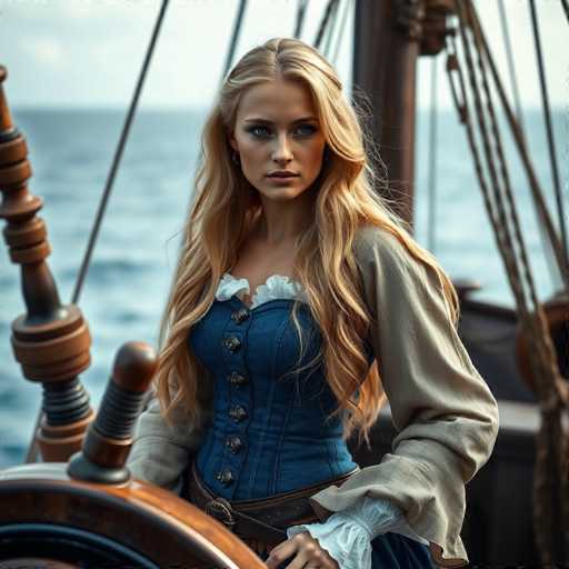 A captivating image features a woman standing on a ship, her long blonde hair cascading down to her waist. She is dressed in a blue corset adorned with white frills at the top, paired with a brown belt that has a silver buckle. Over her corset, she wears a beige shirt with puffy sleeves that also have white frills at the cuffs. The woman's striking blue eyes and serious expression add to her commanding presence. She stands confidently behind the ship's wooden steering wheel, which is intricately designed with a central post and a black rubber grip. The background reveals the vast ocean, with gentle waves stretching to the horizon, under a sky that is a blend of blue and white. The scene is bathed in daylight, highlighting the details of her attire and the ship's structure.