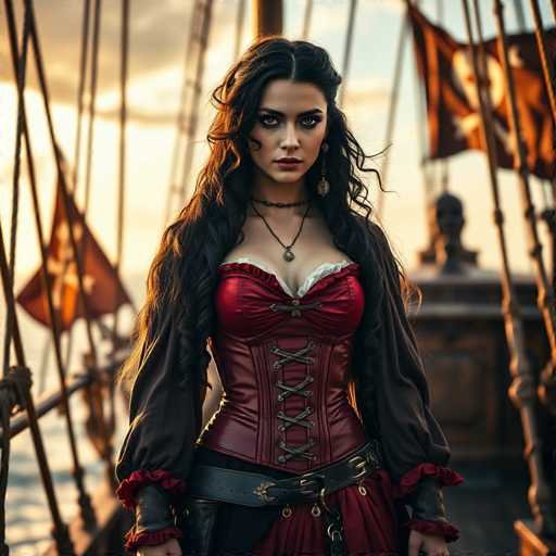 A striking photograph captures a woman standing on the deck of a pirate ship, bathed in the warm hues of a setting sun. The sky is a mesmerizing blend of orange and blue, casting a golden glow over the scene. The woman, with her long, dark brown hair cascading down to her waist, exudes an air of confidence and allure. She is adorned in a red corset with intricate lacing, complemented by a black leather belt and a black choker necklace. Her attire is completed with a flowing black cape, adding to her pirate-like demeanor. She gazes directly into the camera with an intense, almost haunting expression, her dark eyes and eyebrows accentuating her stern look. Behind her, the ship's railing and a statue of a pirate head are visible, along with several flags fluttering in the breeze. The overall composition and lighting create a dramatic and captivating image, evoking a sense of adventure and mystery.