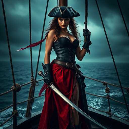 A striking digital illustration depicts a formidable female pirate standing at the bow of a ship, poised against a backdrop of a dark, stormy sea. The sky is filled with ominous, gray clouds, adding to the dramatic atmosphere. The pirate, a woman with long, wavy brown hair cascading past her shoulders, wears a distinctive black pirate hat adorned with a red ribbon that flutters in the wind. Her attire is a blend of rugged and elegant, featuring a black leather corset laced up the front, a red skirt that falls to her knees, and a black leather belt with a prominent buckle. She completes her ensemble with black gloves and boots. In her right hand, she wields a long, silver sword, while her left hand grips a black stick, possibly a club. Behind her, the ship's railings and ropes are visible, along with the vast expanse of the turbulent ocean stretching to the horizon. The image captures a moment of intense readiness, as if she is prepared to engage in battle at any moment.